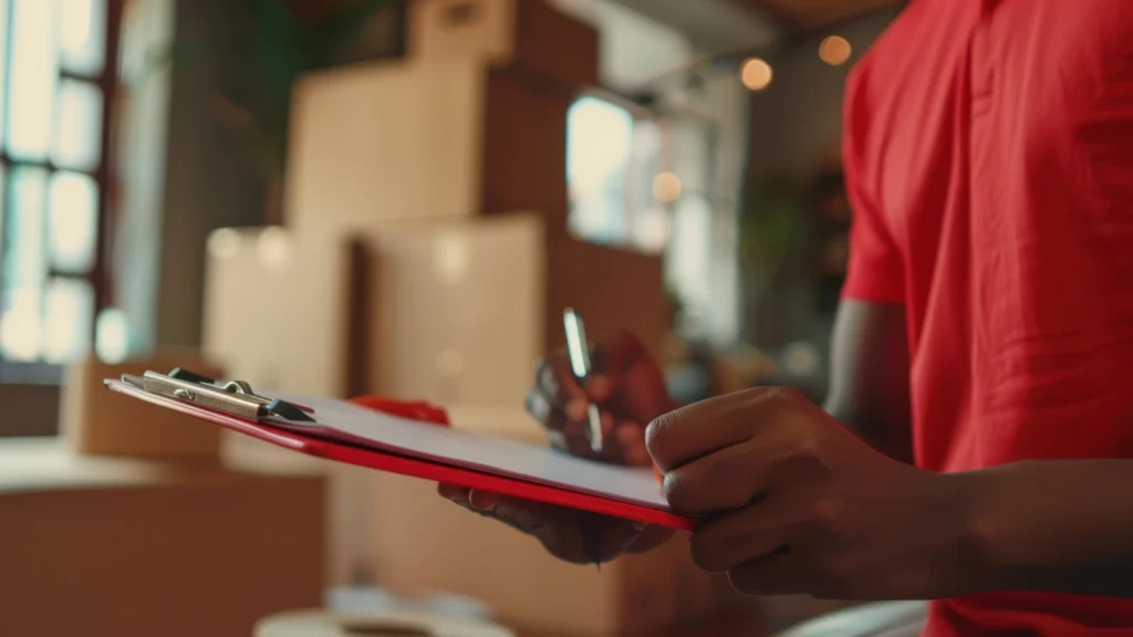 Transport worker checking paperwork on a clipboard beside boxed goods ready to be loaded